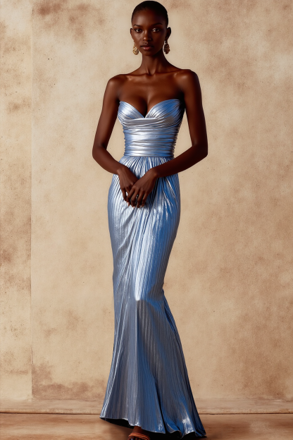 Leely Women Metallic Sky Blue Long Formal Dress Mermaid Sweetheart Ruched Evening Dress