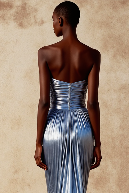 Metallic Sky Blue Mermaid Ruched Maxi Sweetheart Formal Dress