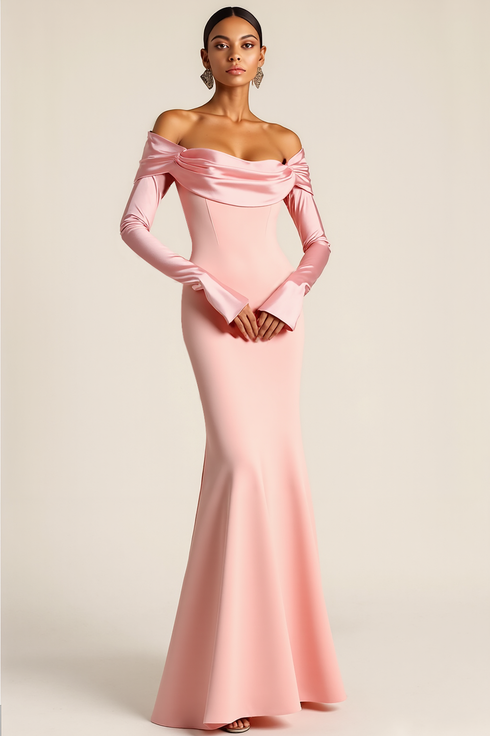 Leely Women Pink Mermaid Long Formal Dress with Sleeves Off the Shoulder Satin Evening Dress