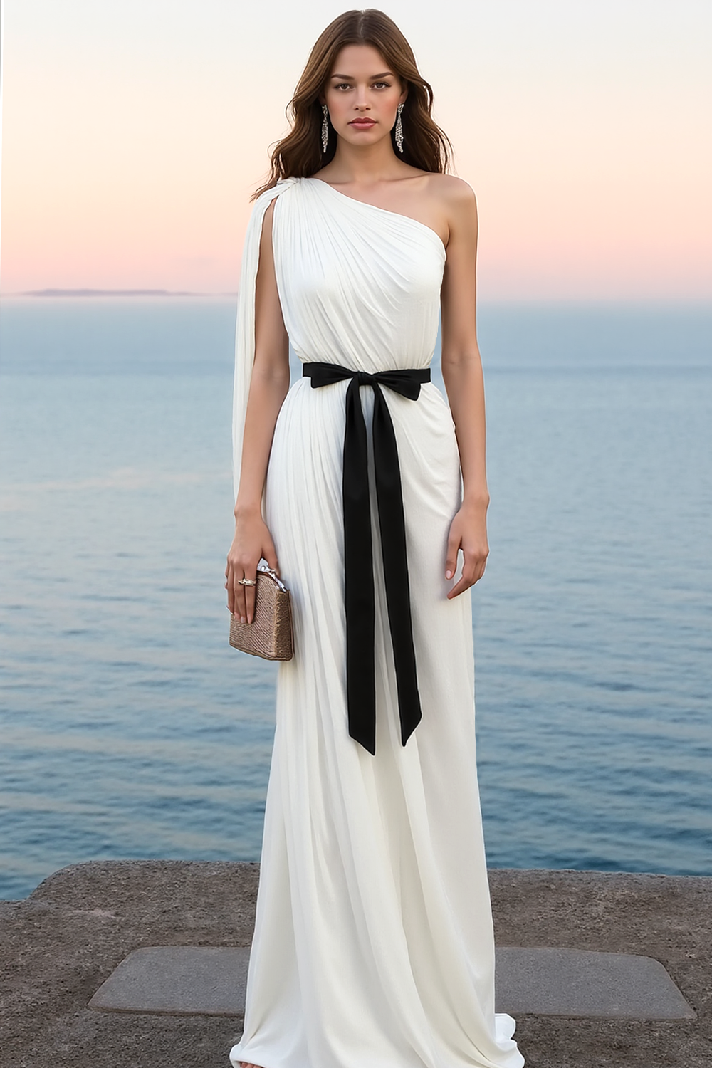 White Chiffon Sheath Maxi Formal Dress with Bow