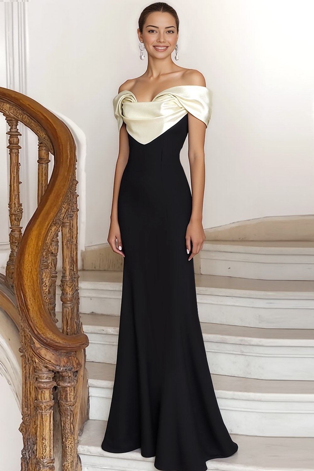 Leely Women Black Mermaid Long Formal Dress Off the Shoulder Satin Evening Dress