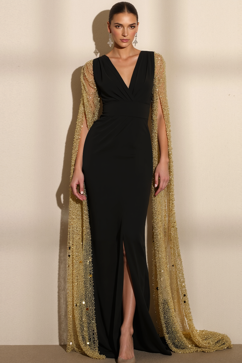 Leely Women Black Mermaid Long Formal Dress with Slit V Neck Evening Dress  with Cape
