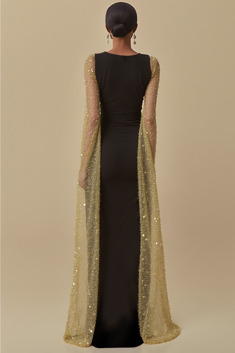 Black V Neck Maxi Mermaid Formal Dress with Side Cape