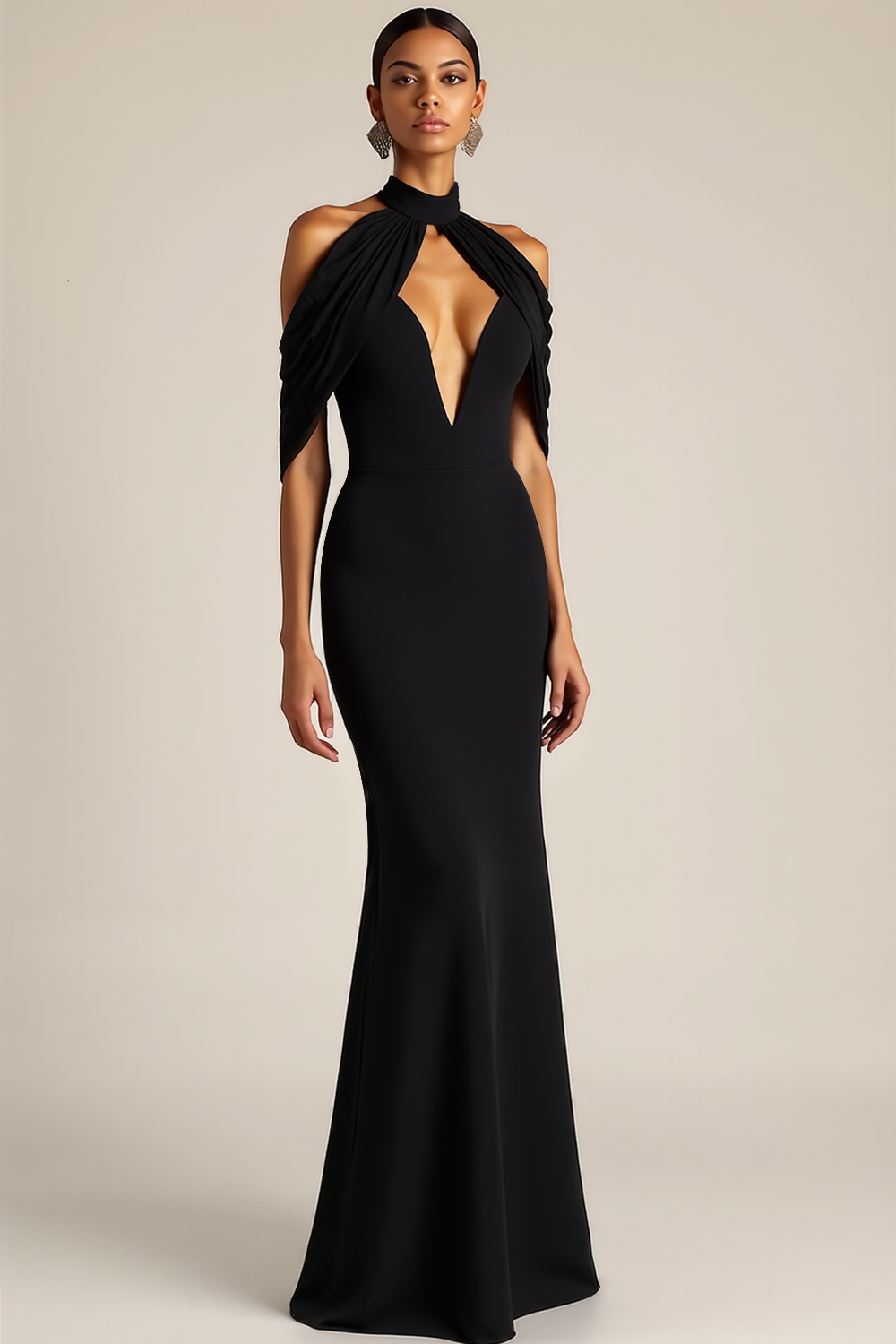 Elegant Black Halter Maxi Mermaid Keyhole Formal Dress