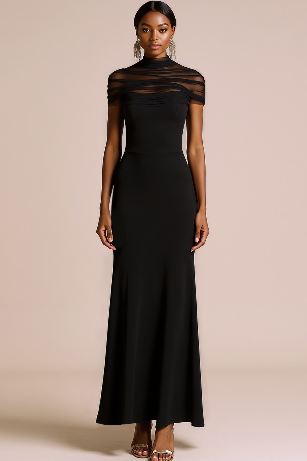 Black Maxi Illusion Neck Mermaid Formal Dress with Sleeves