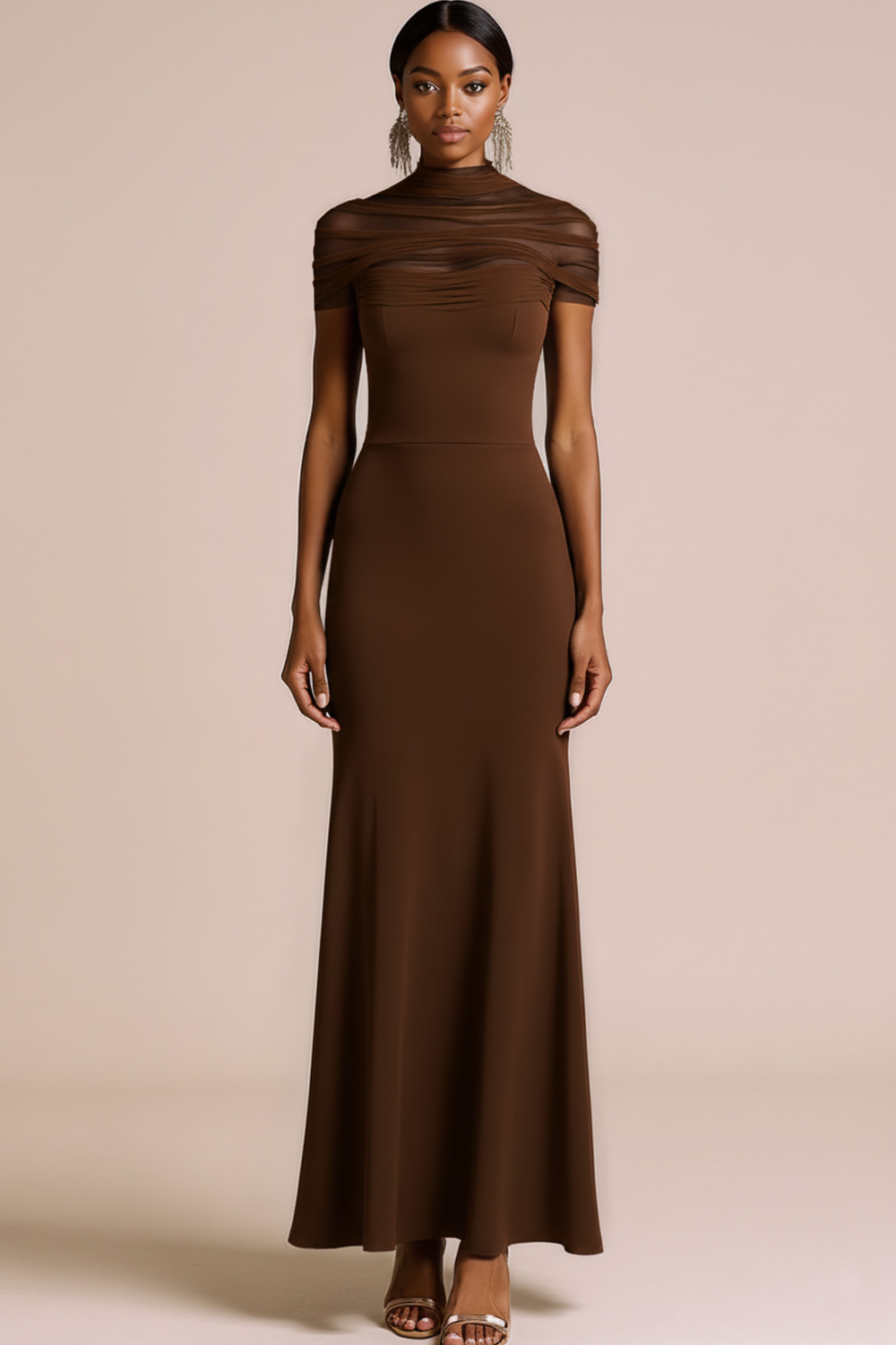 Black Maxi Illusion Neck Mermaid Formal Dress with Sleeves