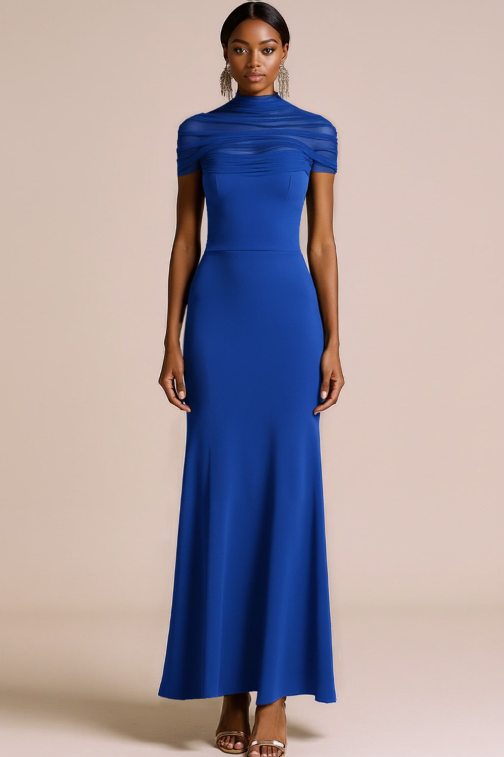 Black Maxi Illusion Neck Mermaid Formal Dress with Sleeves