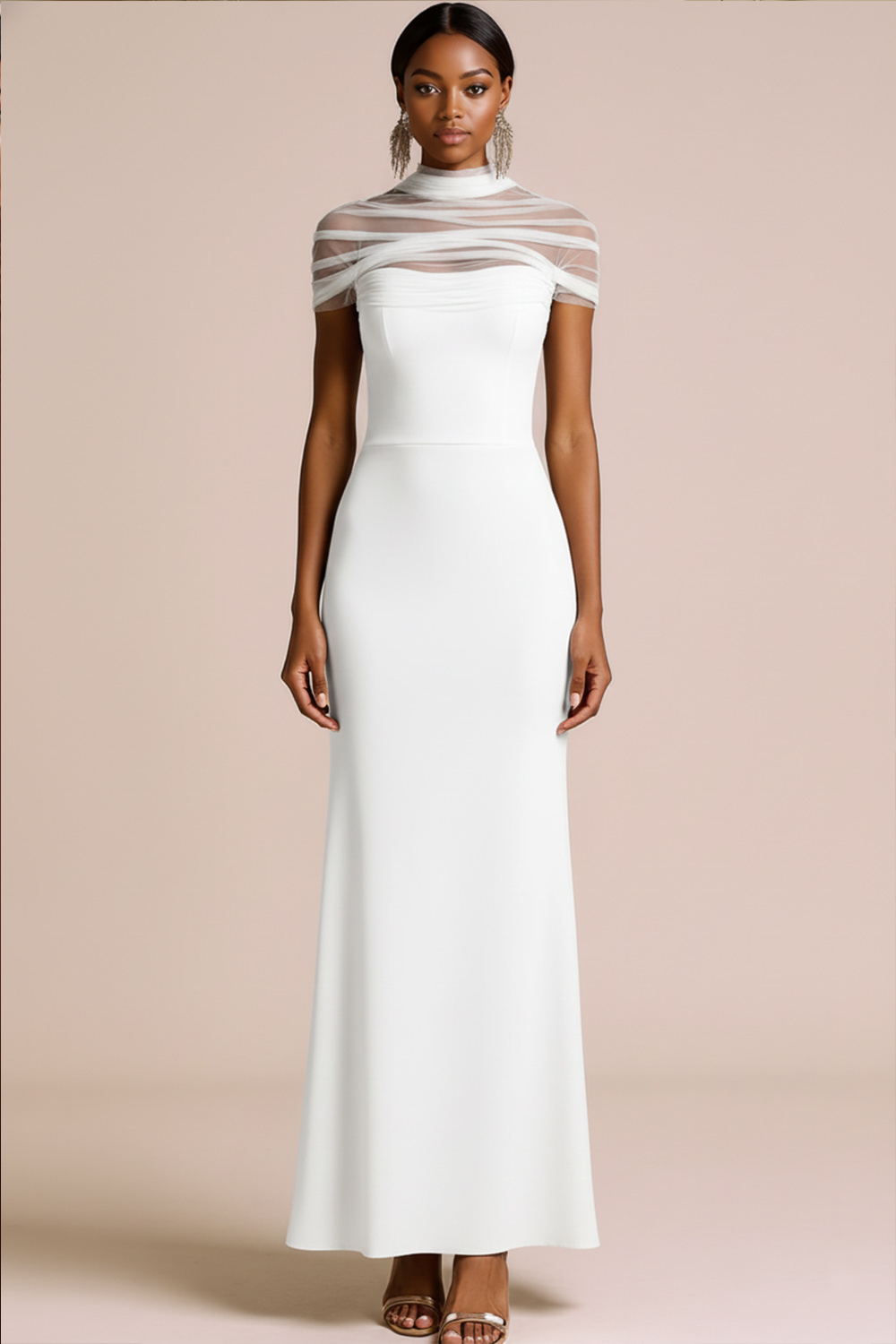 Black Maxi Illusion Neck Mermaid Formal Dress with Sleeves