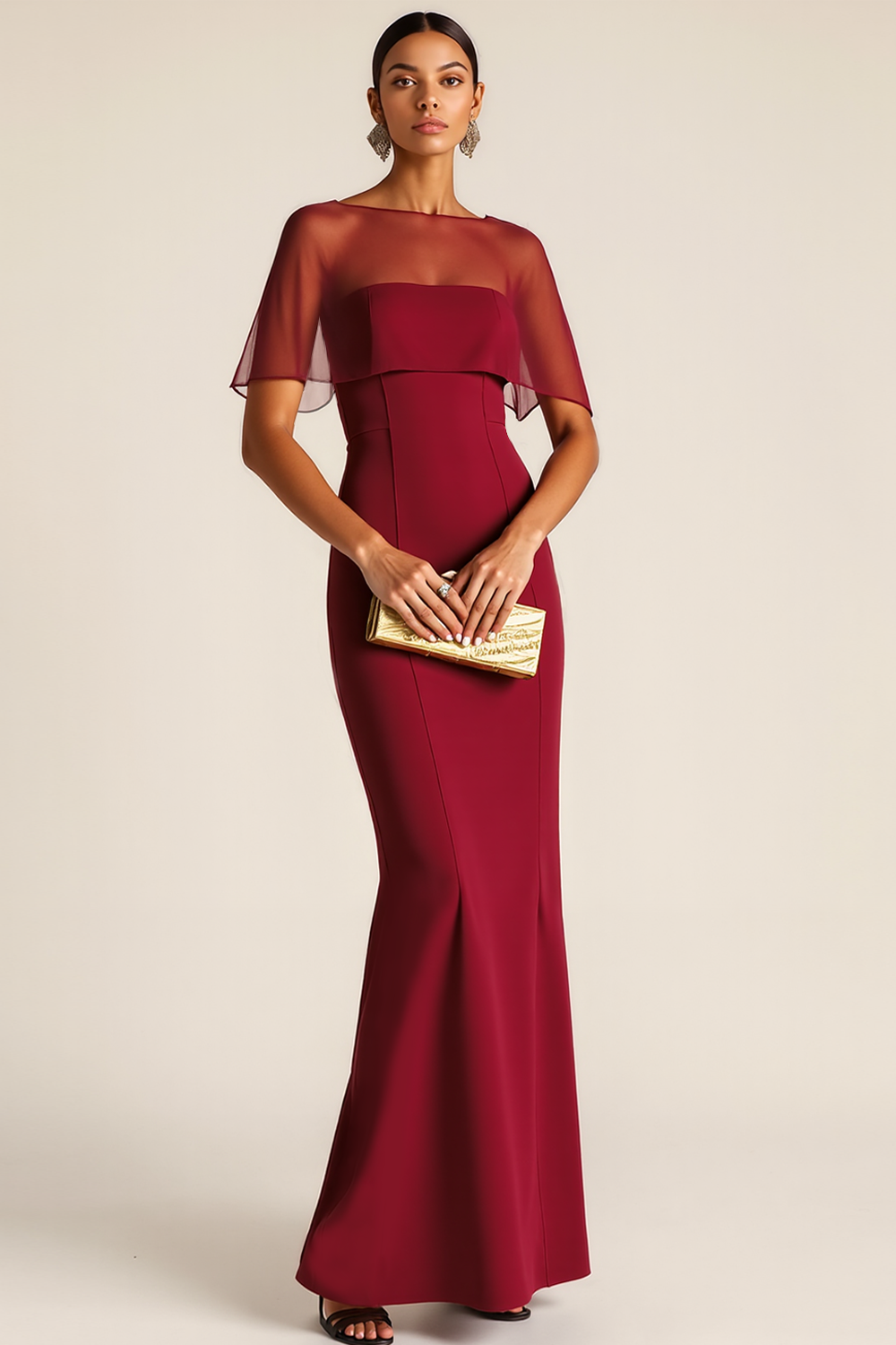 Leely Woman Burgundy Mermaid Long Formal Dress with Shawl Illusion Neck Evening Dress