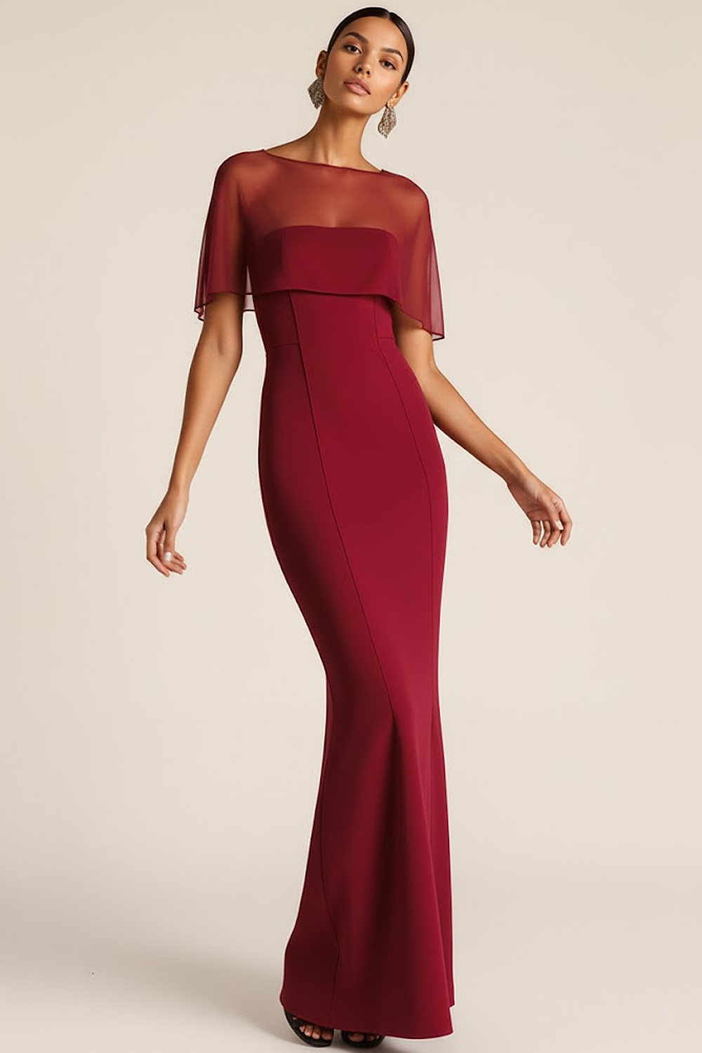 Burgundy Illusion Neck Maxi Mermaid Formal Dress with Shawl