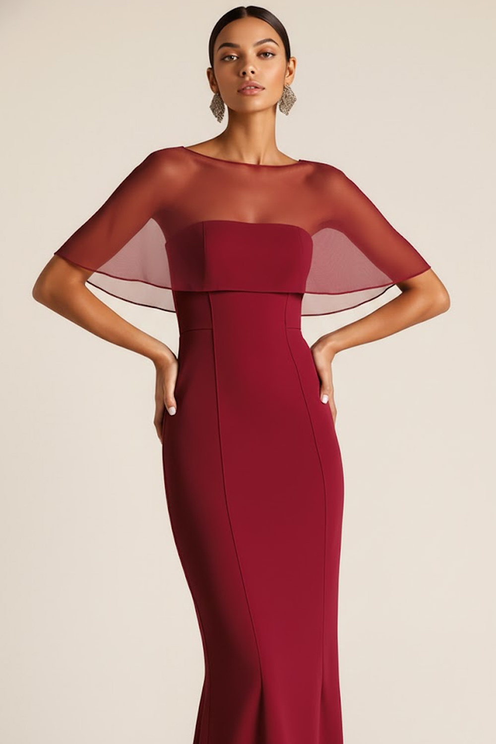 Burgundy Illusion Neck Maxi Mermaid Formal Dress with Shawl