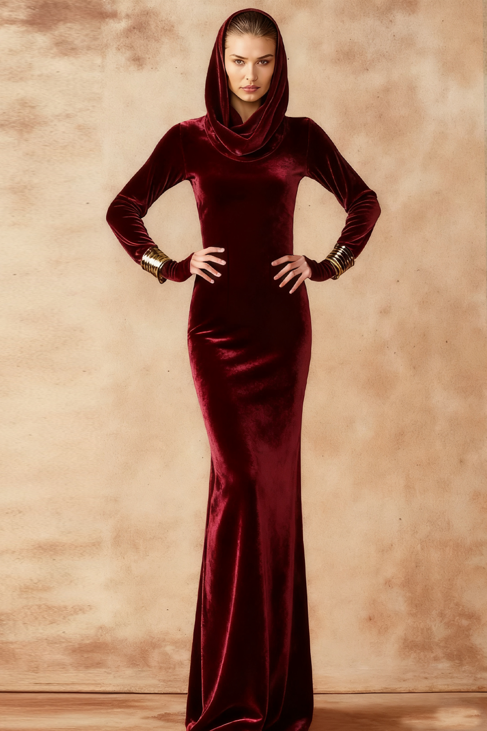 Leely Woman Burgundy Mermaid Long Formal Dress Velvet Cowl Neck Holiday Party Dress