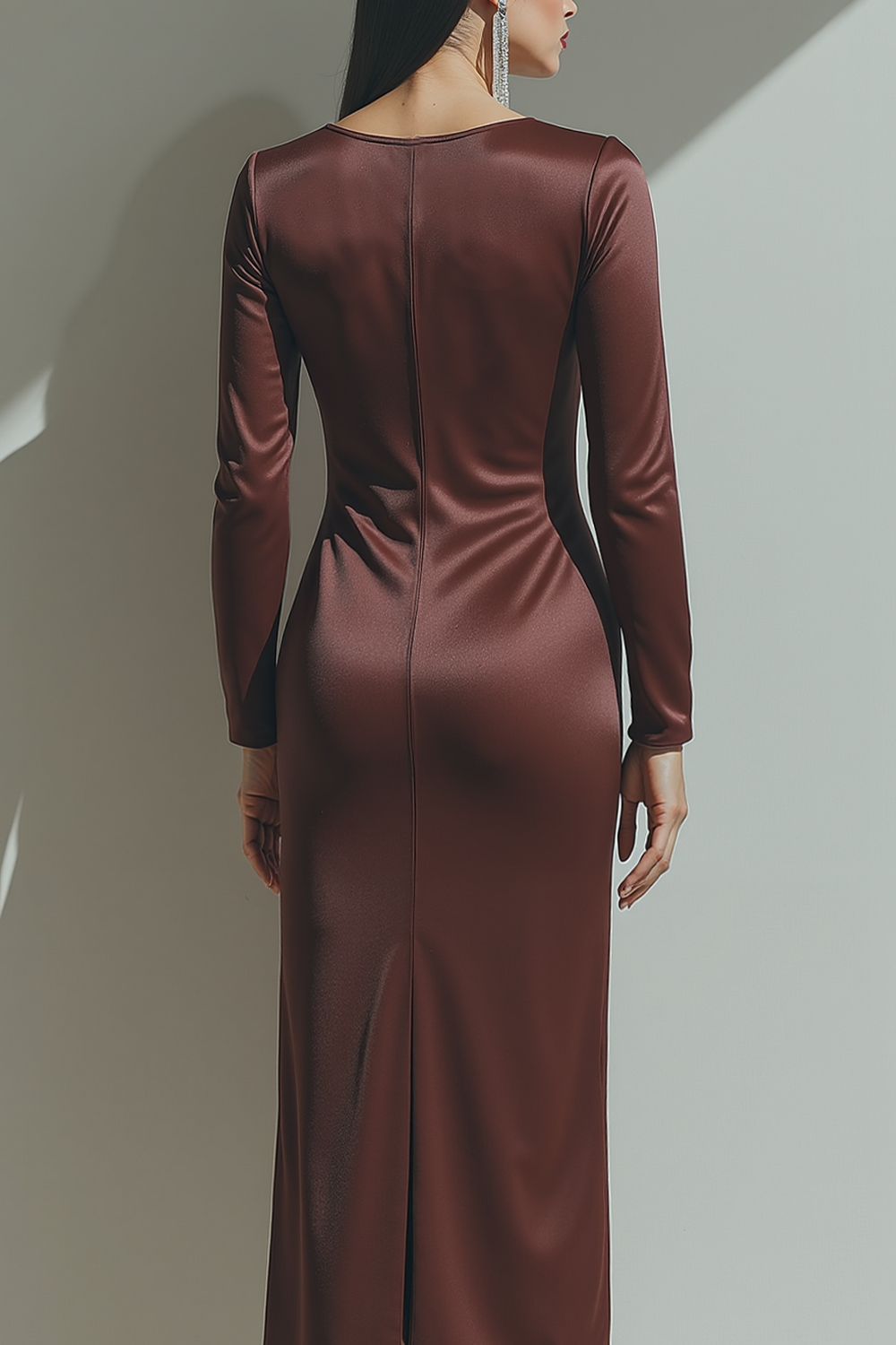 Brown Satin Sheath Maxi Evening Dress with Sleeves
