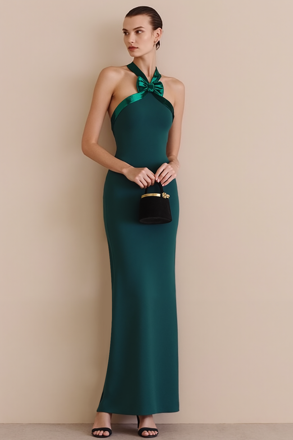 Leely Women Emerald Green Halter Long Formal Dress with Bow Mermaid Evening Dress
