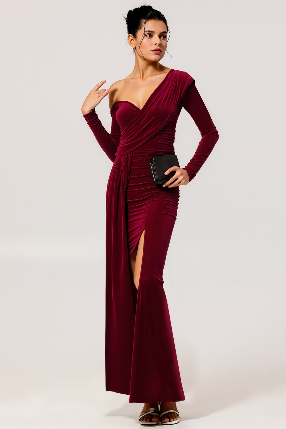 Leely Woman Burgundy Long Sleeves Holiday Party Dress Ruched Velvet Asymmetrical Neck Evening Dress with Slit