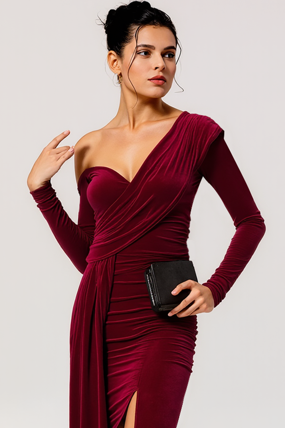 Burgundy Asymmetrical Neck Long Sleeves Holiday Party Dress