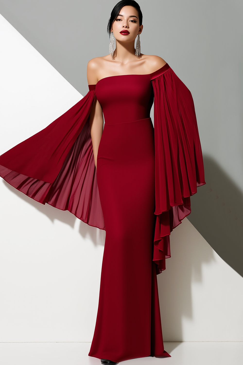 Leely Women Burgundy Mermaid Maxi Evening Dress with Side Cape Flowy Chiffon Off the Shoulder Formal Dress with Slit