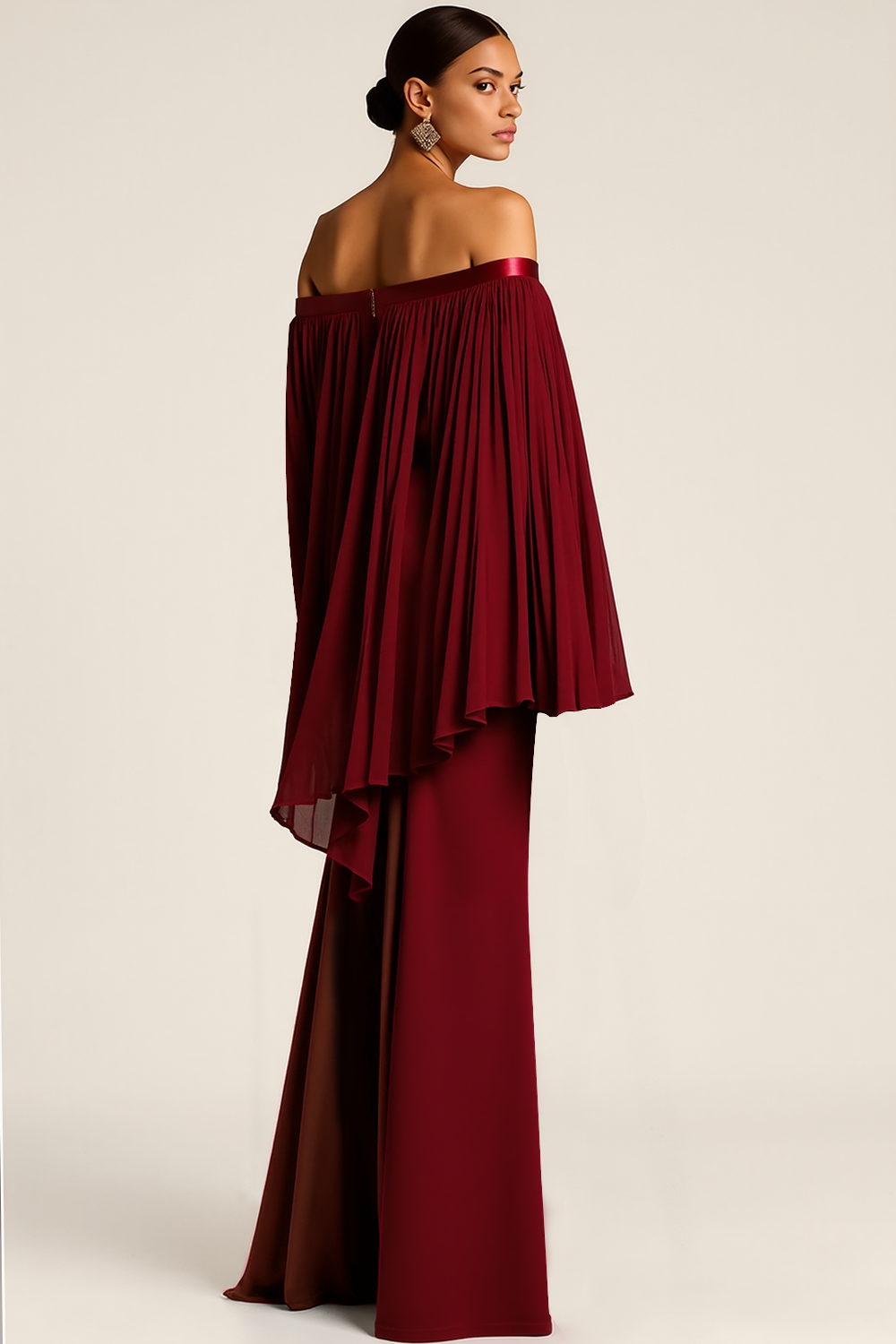 Burgundy Flowy Chiffon Mermaid Maxi Evening Dress with Side Cape