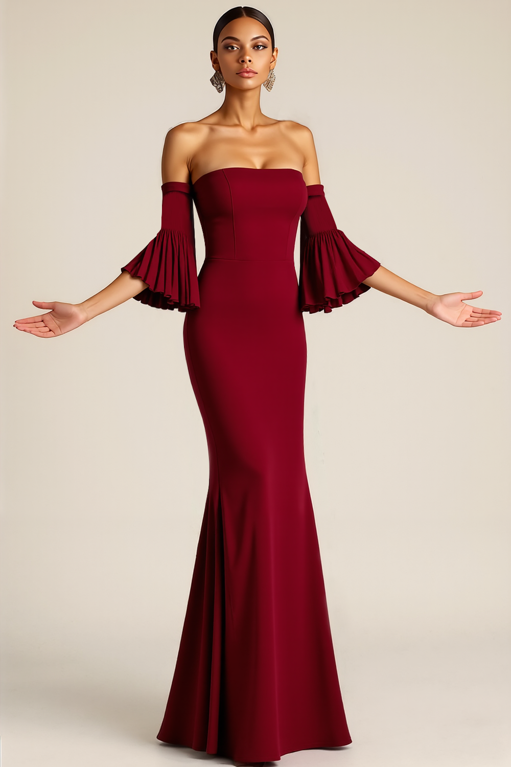 Leely Woman Burgundy Mermaid Long Formal Dress with Sleeves Off the Shoulder Evening Dress