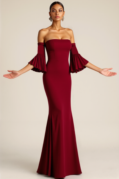 Leely Woman Burgundy Mermaid Long Formal Dress with Sleeves Off the Shoulder Evening Dress