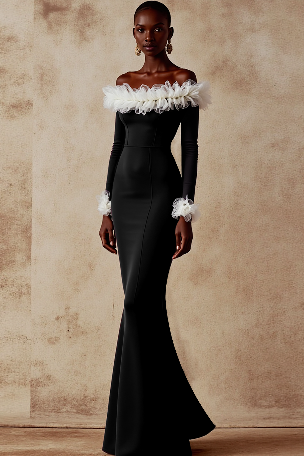 Leely Women Black White Mermaid Maxi Evening Dress with Sleeves Off the Shoulder Black Tie Dress