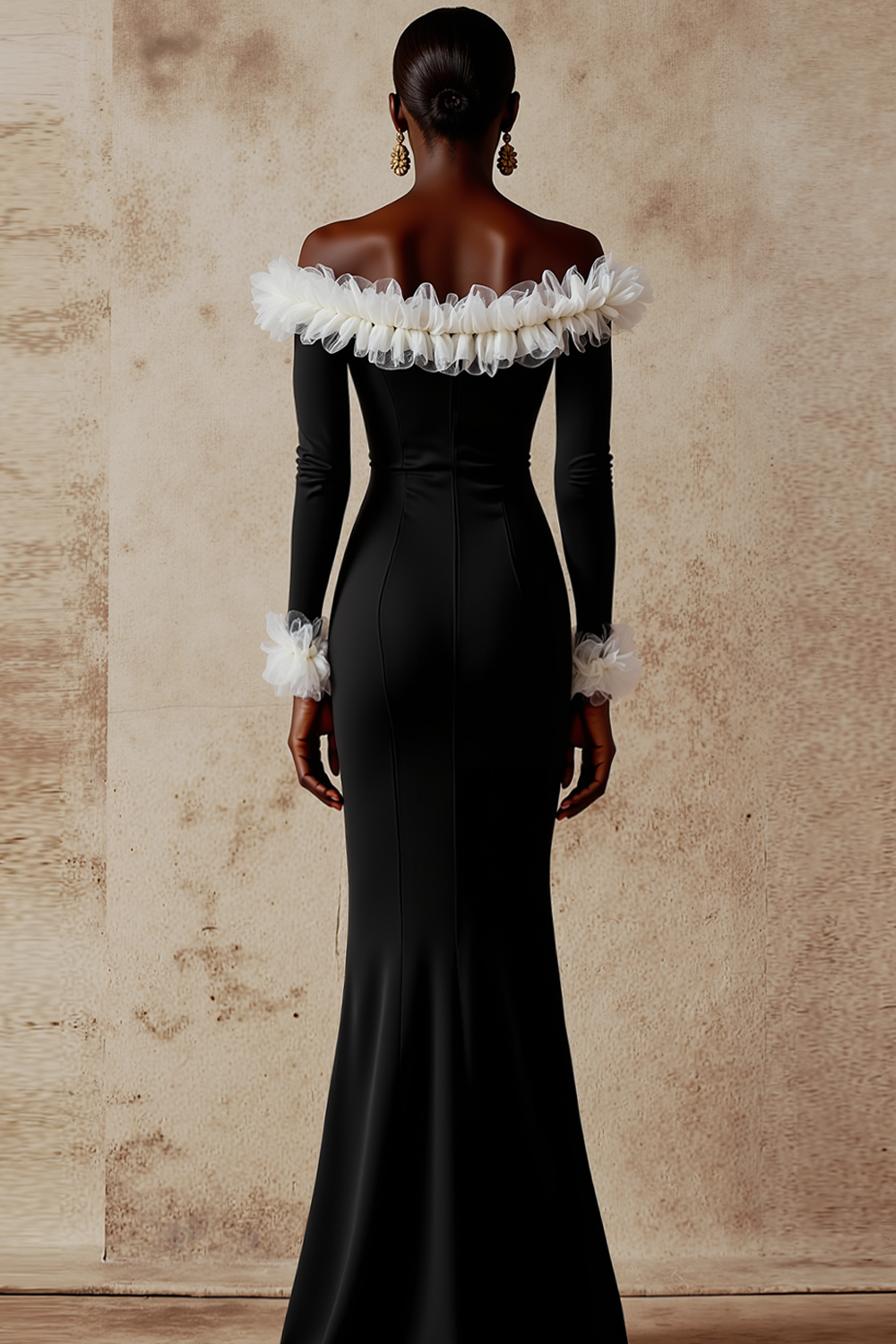 Black White Mermaid Maxi Evening Dress with Sleeves