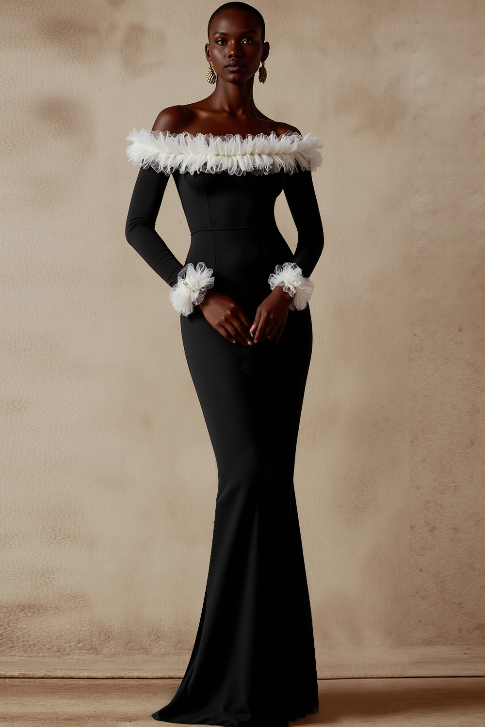Black White Mermaid Maxi Evening Dress with Sleeves
