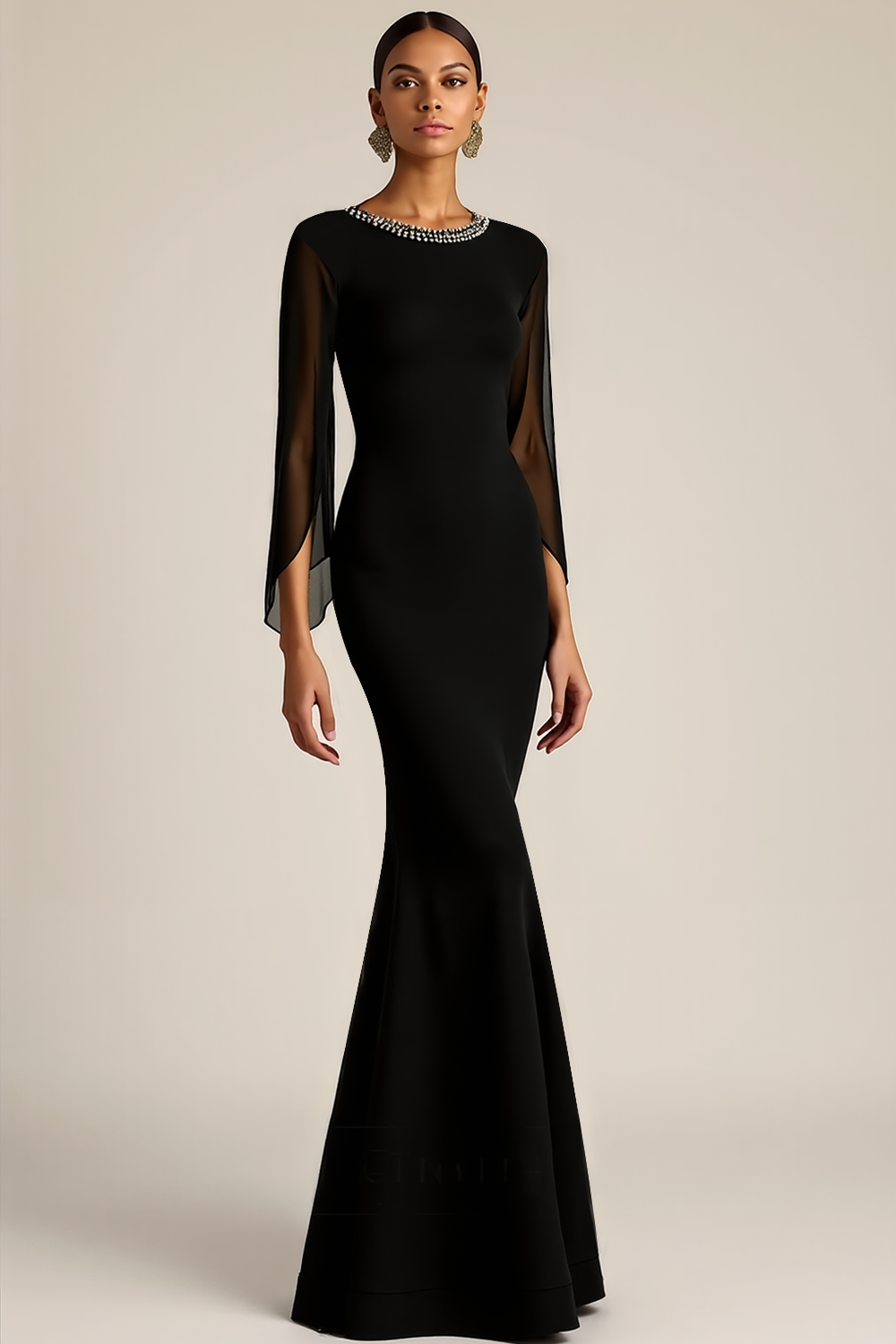Leely Women Black Mermaid Long Formal Dress with Sleeves Round Neck Evening Dress with Beading