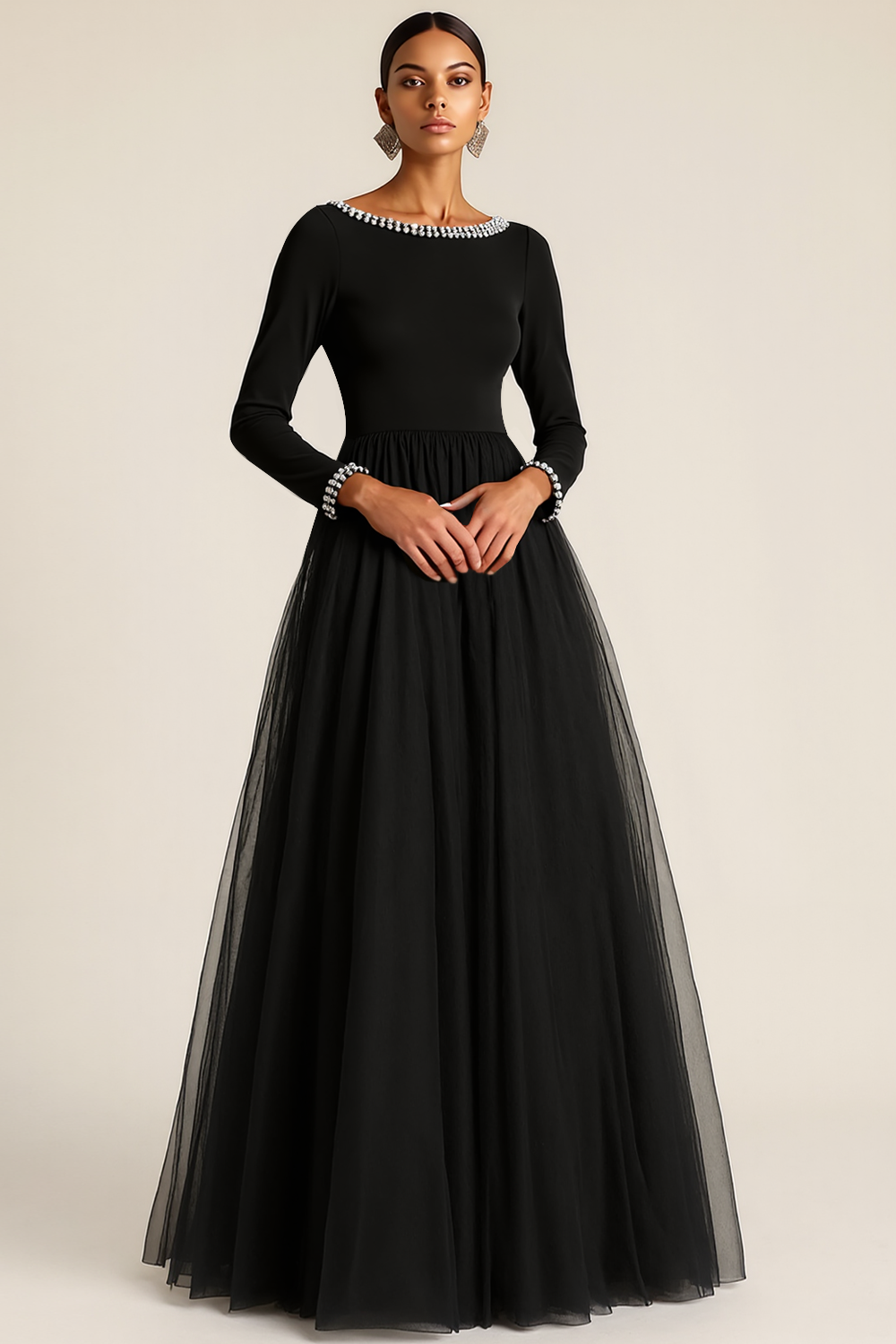 Leely Women Black Tulle Maxi Evening Dress with Sleeves Boat Neck A Line Formal Dress with Beading