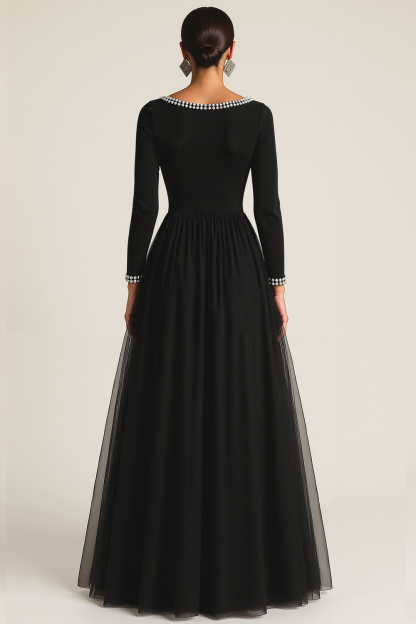 Black Tulle Boat Neck Maxi Evening Dress with Sleeves