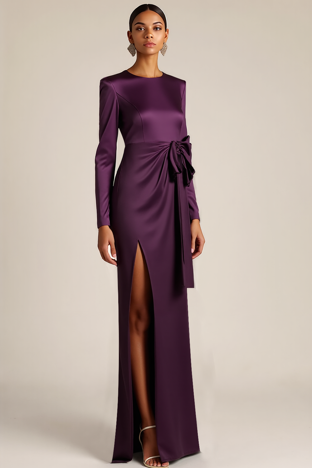 Dark Purple Round Neck Long Formal Dress with Bow