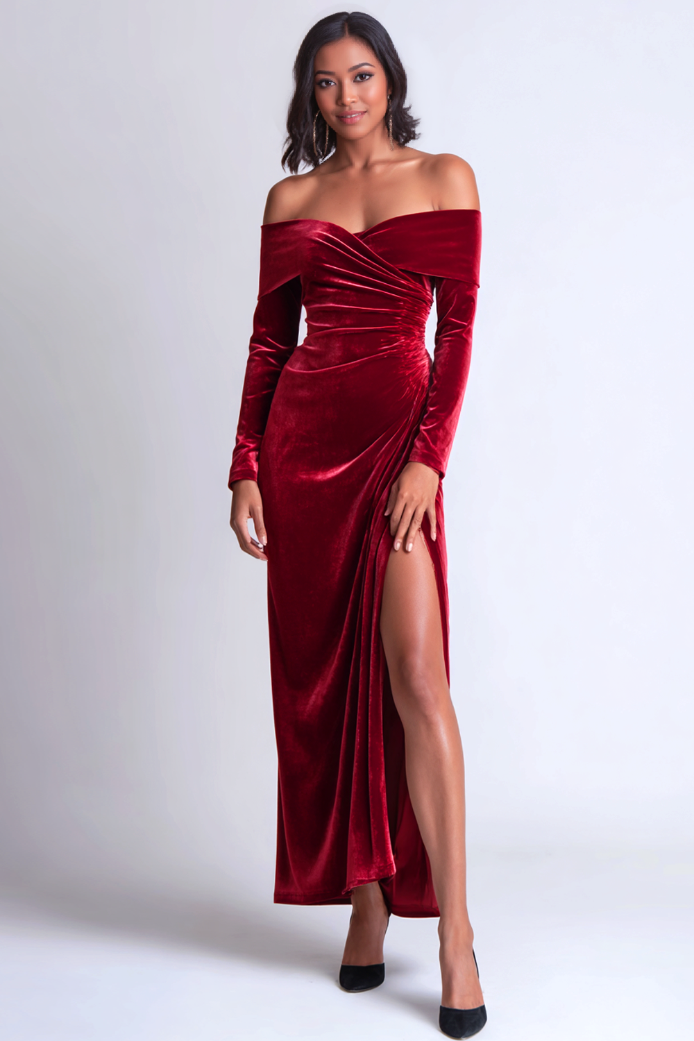 Leely Woman Burgundy Ruched Sheath Long Holiday Party Dress with Sleeves Off the Shoulder Evening Dress with Slit