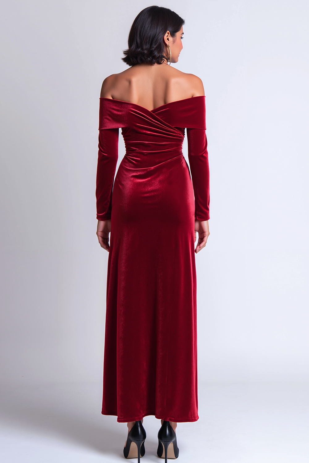 Burgundy Ruched Off the Shoulder Long Holiday Party Dress