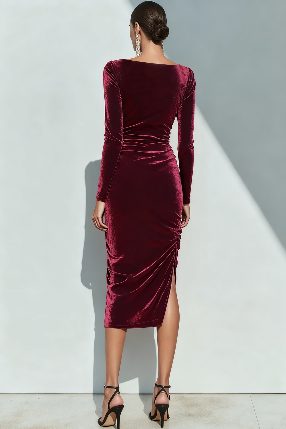 Burgundy Ruched Bodycon Midi Holiday Party Dress with Sleeves