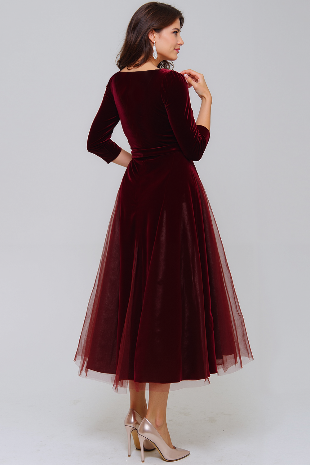 Burgundy A Line Velvet Maxi Holiday Party Dress with Sleeves