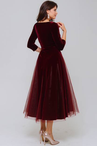 Burgundy A Line Velvet Maxi Holiday Party Dress with Sleeves