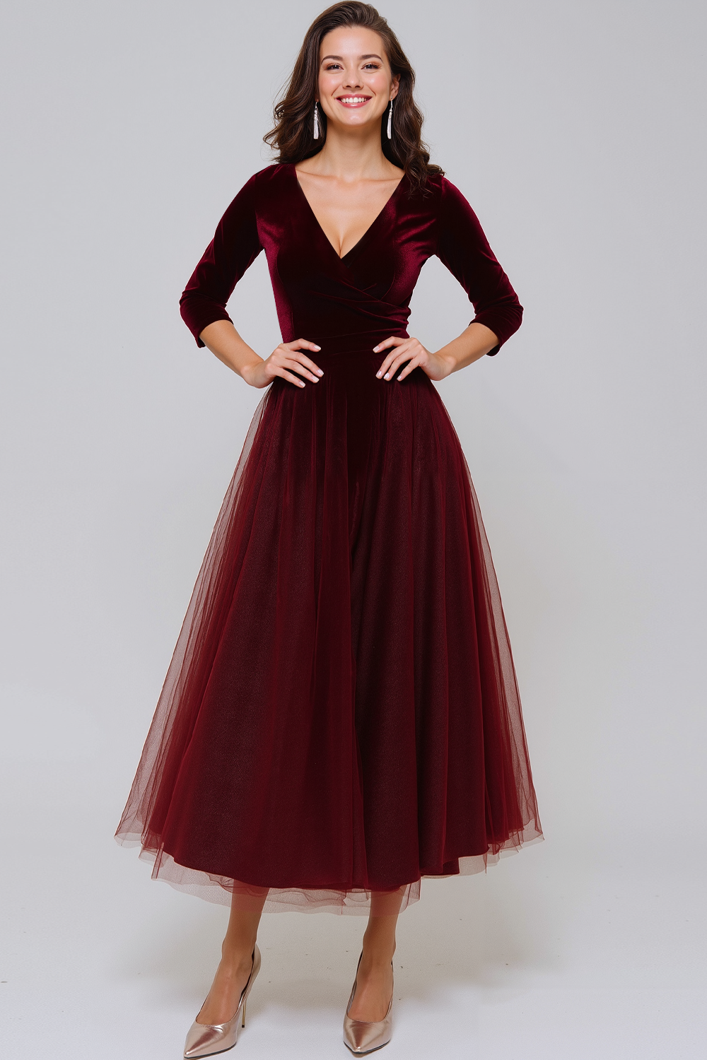 Burgundy A Line Velvet Maxi Holiday Party Dress with Sleeves