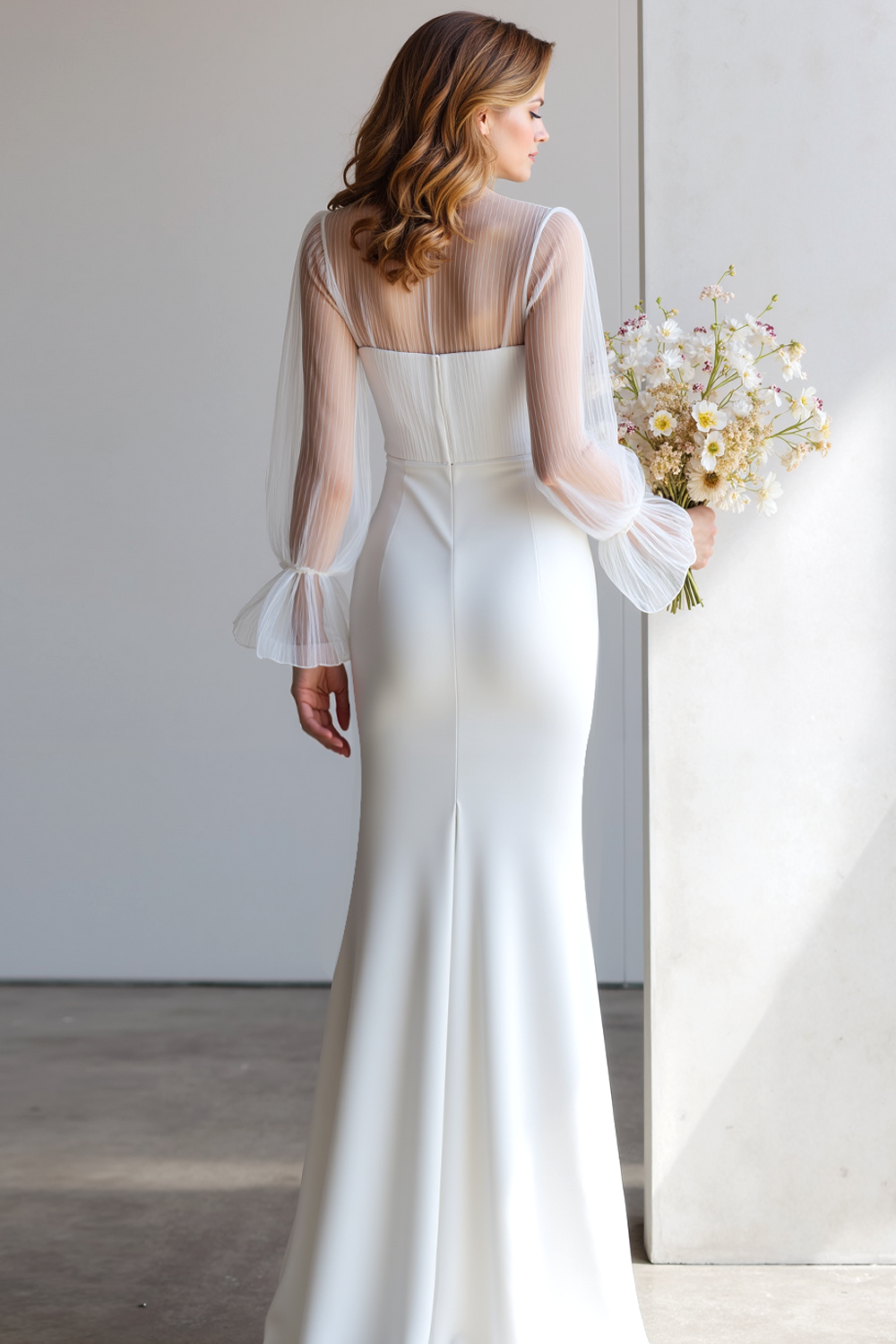 White Long Sleeves Round Neck Wedding Dress