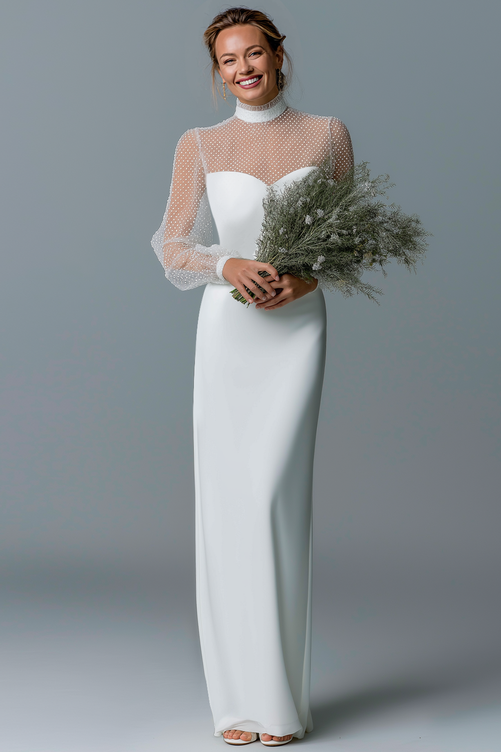 Leely Women White Long Sleeves Courthouse Wedding Dress High Neck Sheath Dotted Engagement Dress