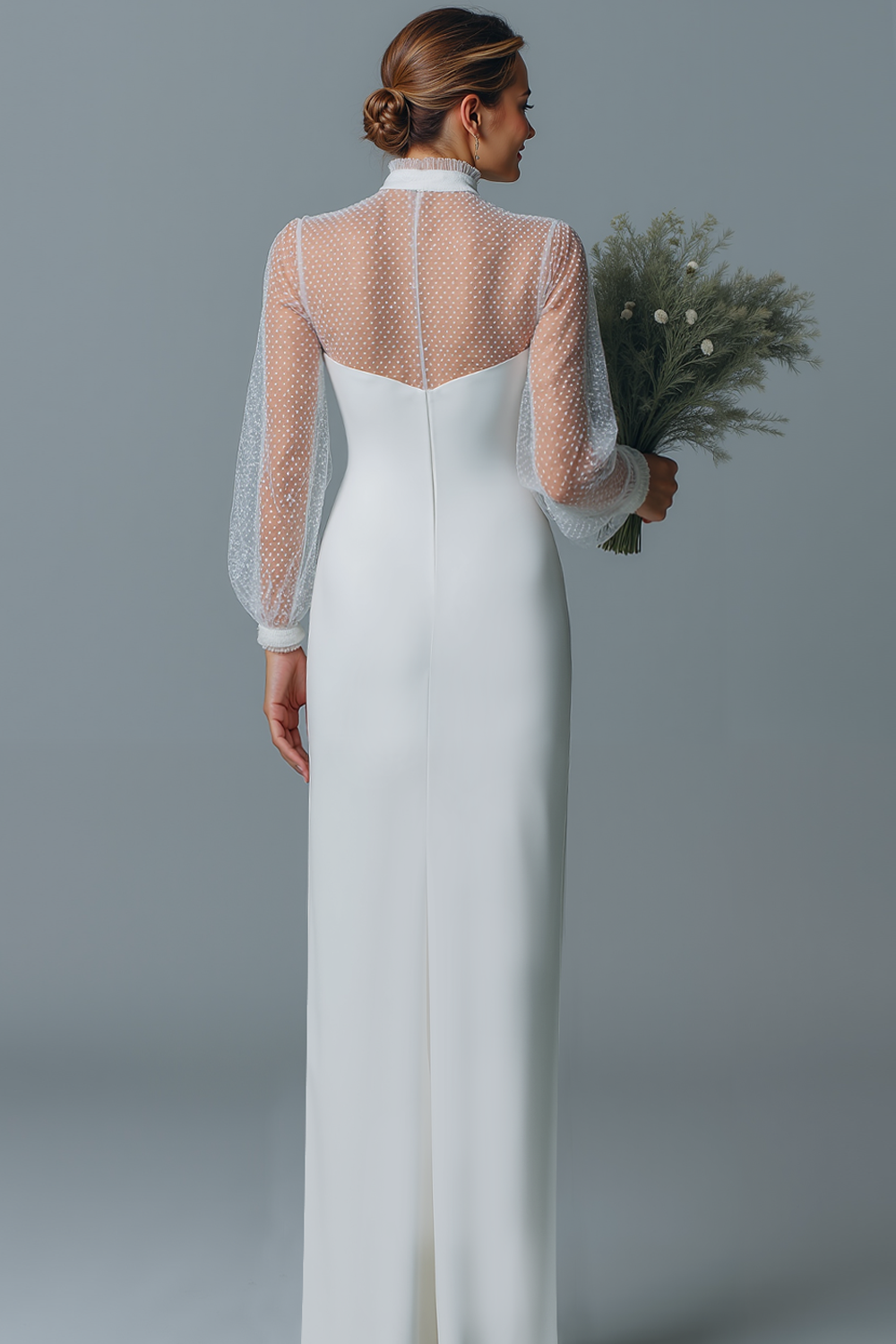 White High Neck Sheath Long Sleeves Wedding Dress