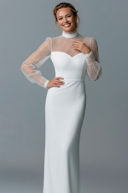 White High Neck Sheath Long Sleeves Wedding Dress