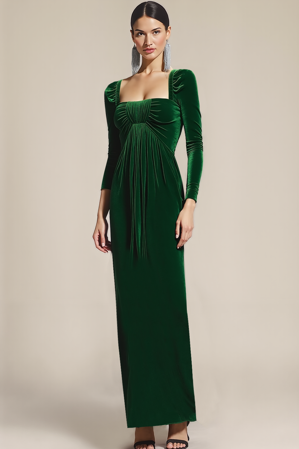 Leely Women Emerald Green Sheath Velvet Maxi Holiday Party Dress Square Neck Evening Dress with Sleeves