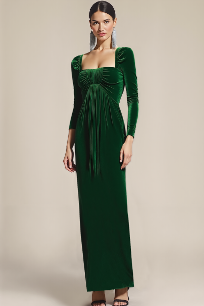 Leely Women Emerald Green Sheath Velvet Maxi Holiday Party Dress Square Neck Evening Dress with Sleeves