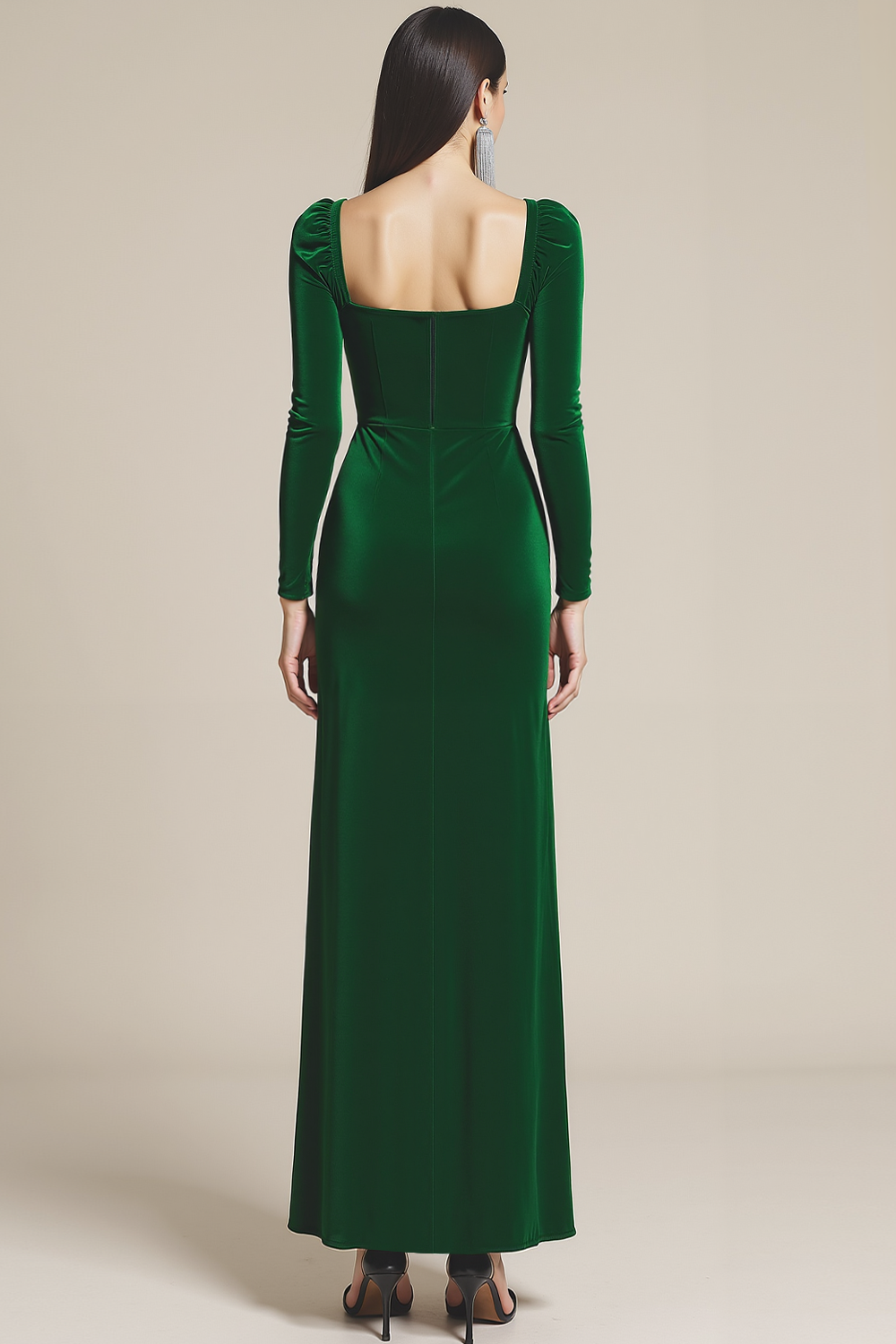 Emerald Green Sheath Velvet Maxi Holiday Party Dress with Sleeves