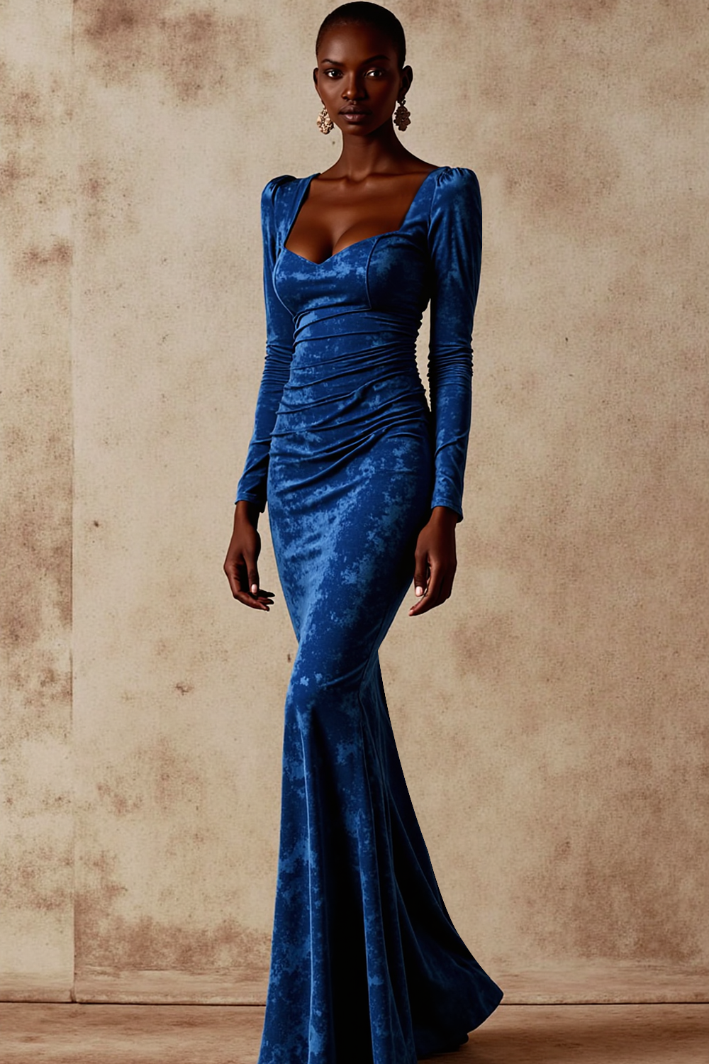 Leely Women Royal Blue Velvet Long Holiday Party Dress Mermaid Ruched Evening Dress with Sleeves
