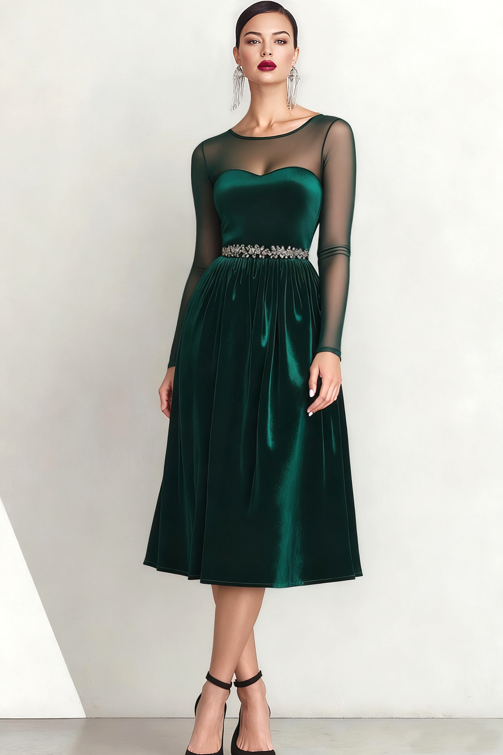 Leely Women Emerald Green Satin Midi Formal Dress with Sleeves A Line Illusion Boat Neck Evening Dress with Beading