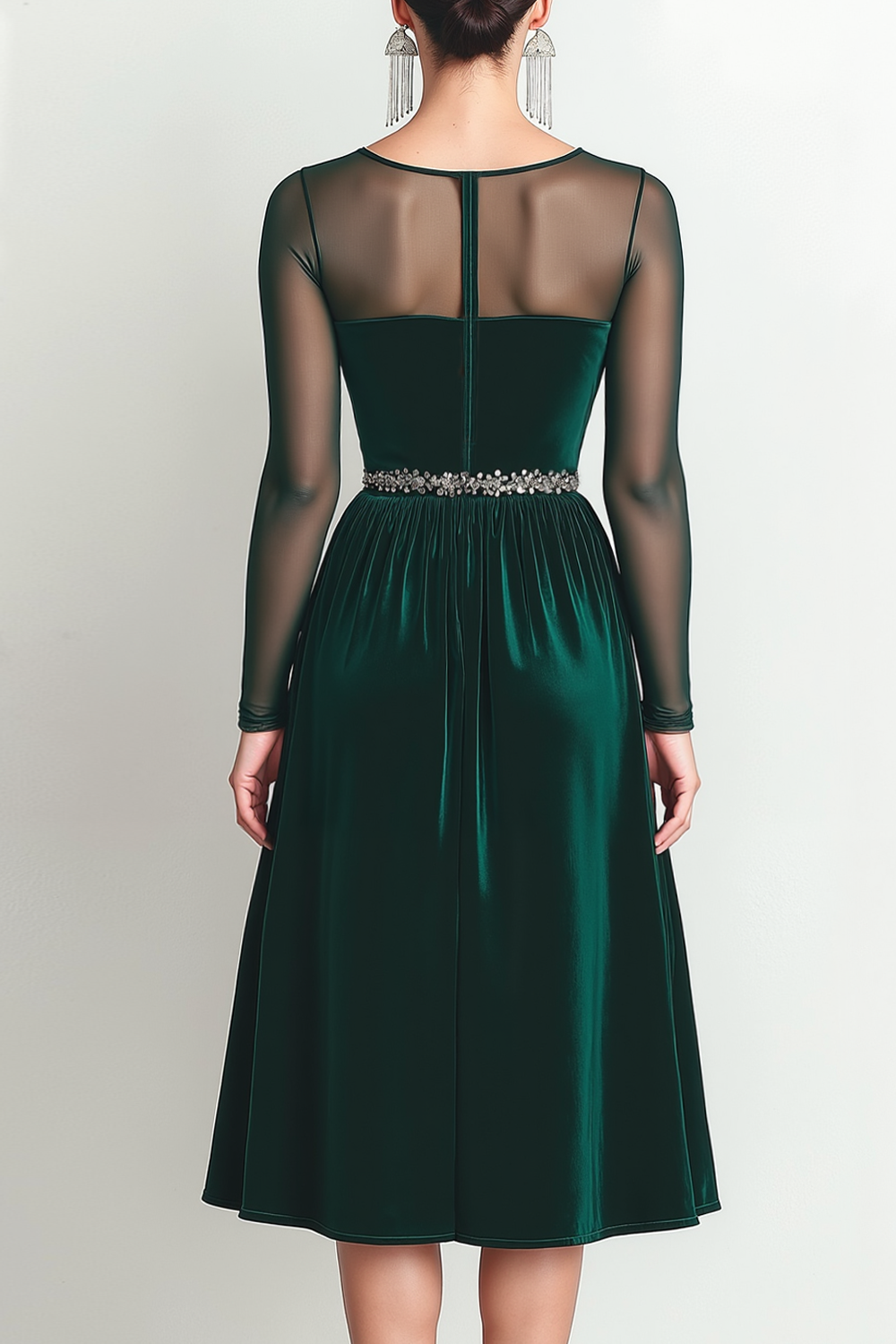 Emerald Green Satin A Line Midi Formal Dress with Sleeves