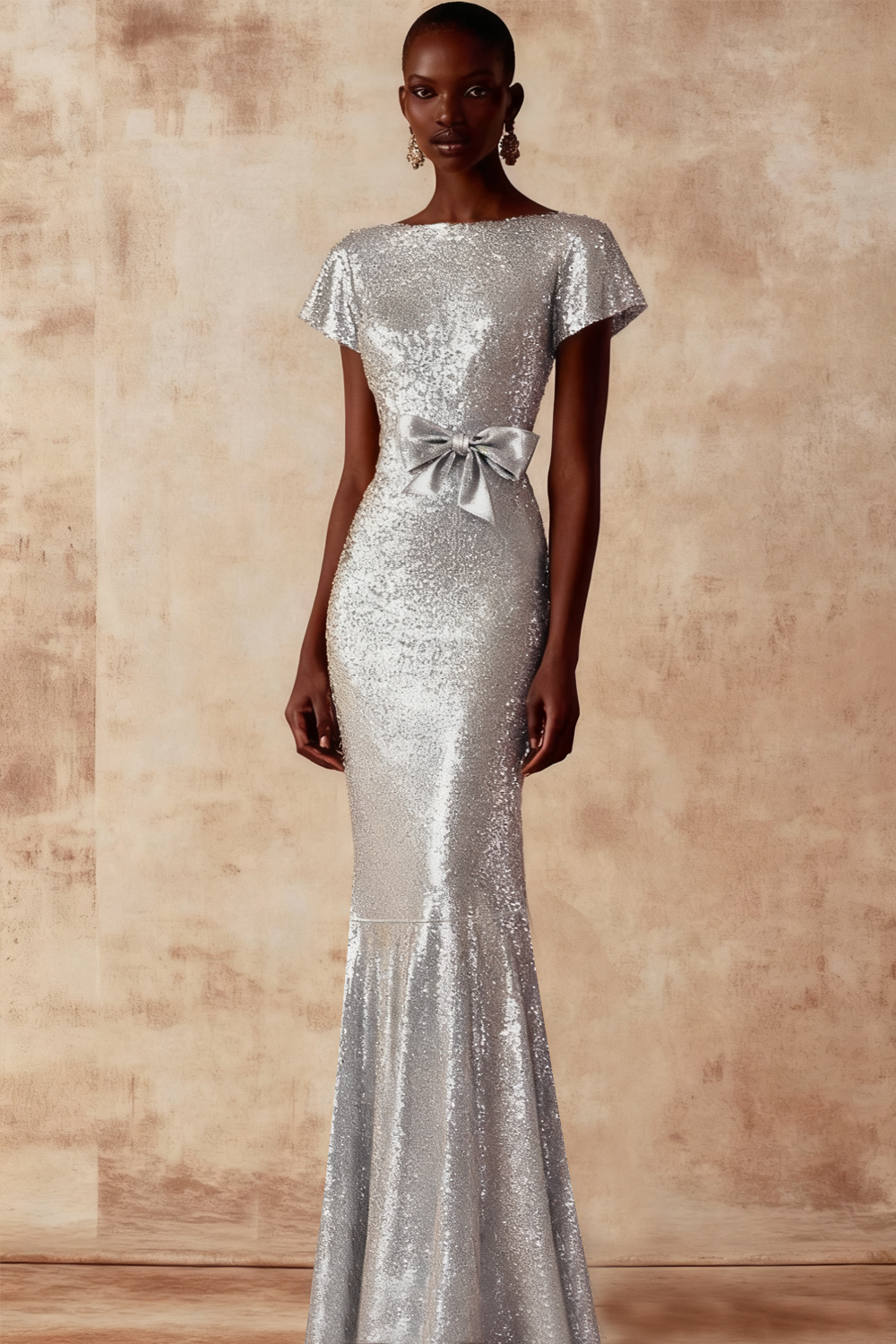 Leely Women Sparkly Sequin Silver Long Prom Dress with Bow Mermaid Bateau Neck Holiday Party Dress