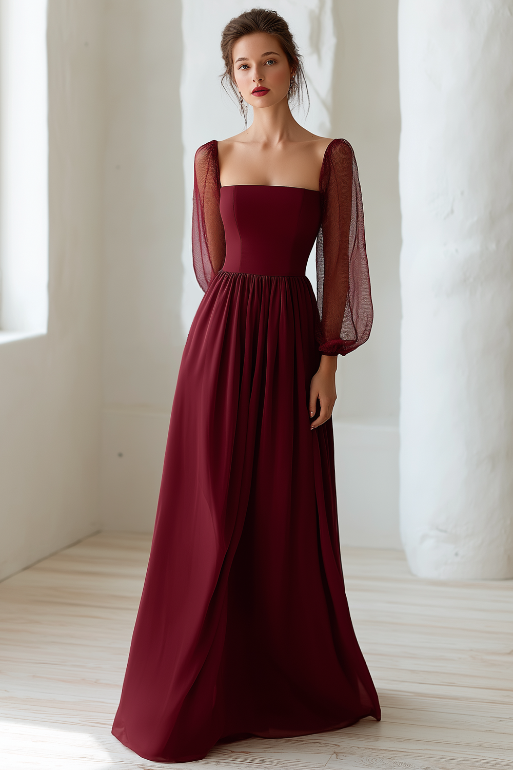 Leely Women Burgundy A Line Maxi Evening Dress with Sleeves Flowy Chiffon Square Neck Formal Dress