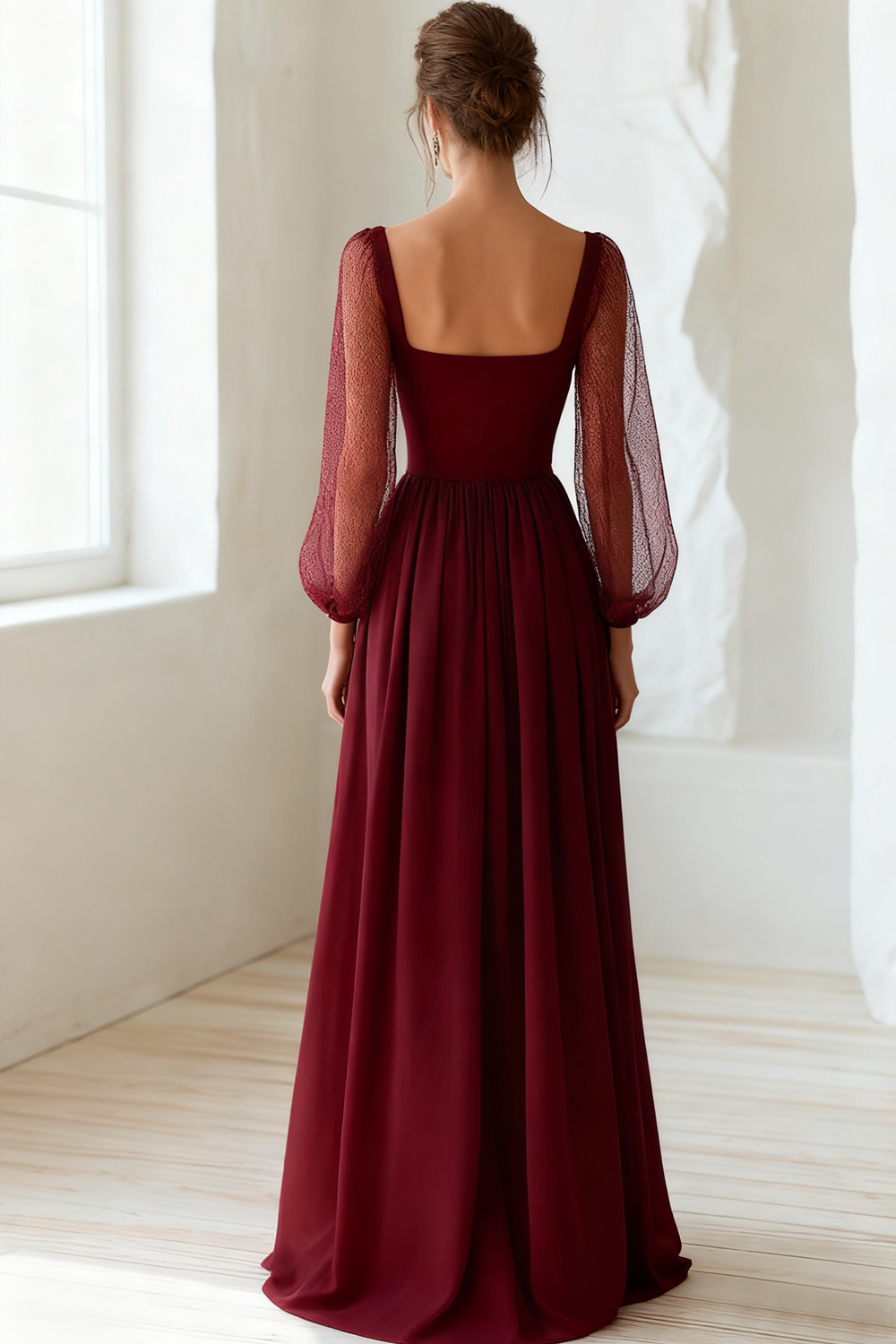 Burgundy Flowy Chiffon A Line Maxi Evening Dress with Sleeves